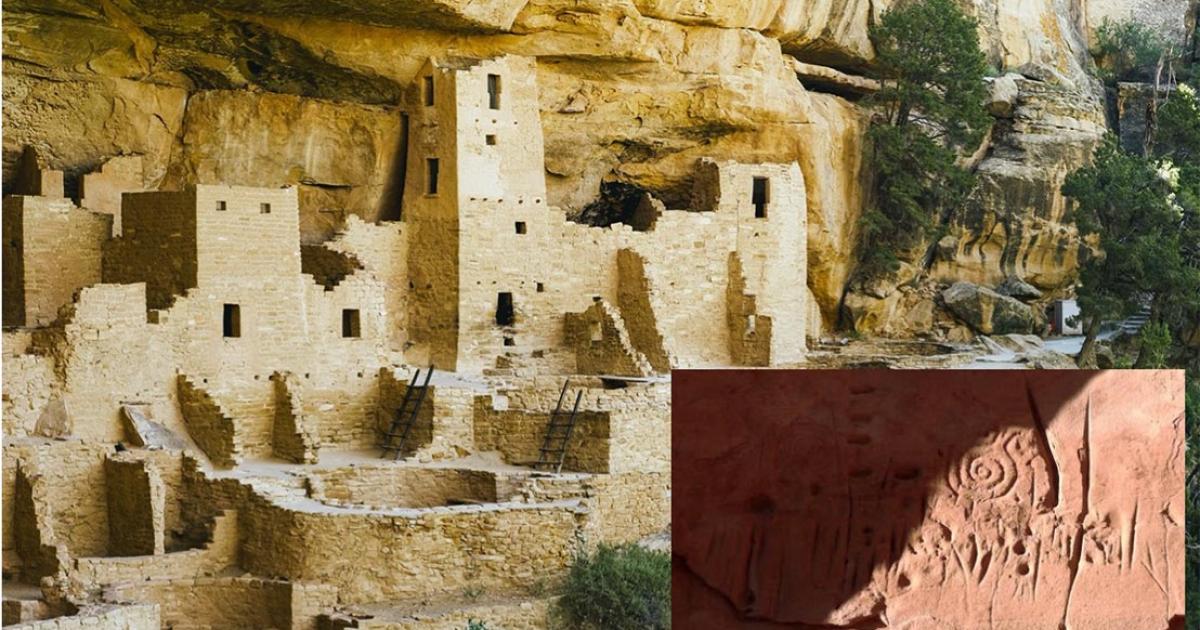 Main: Cliff Palace in Mesa Verde, ruins of an Anasazi Pueblo people, near where the rock art was found. Source:  Dietmar / Adobe stock.             Inset: The spiral patterns that appear prominently in the rock carvings are thought to be a symbol among ancestral Pueblo people for the sky or the sun. Source: Jagiellonian University