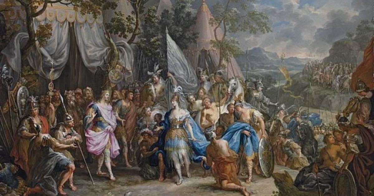 An 18th-century Rococo painting of The Amazon Queen Thalestris in the Camp of Alexander the Great, by Johann Georg Platzer	Source: Public Domain