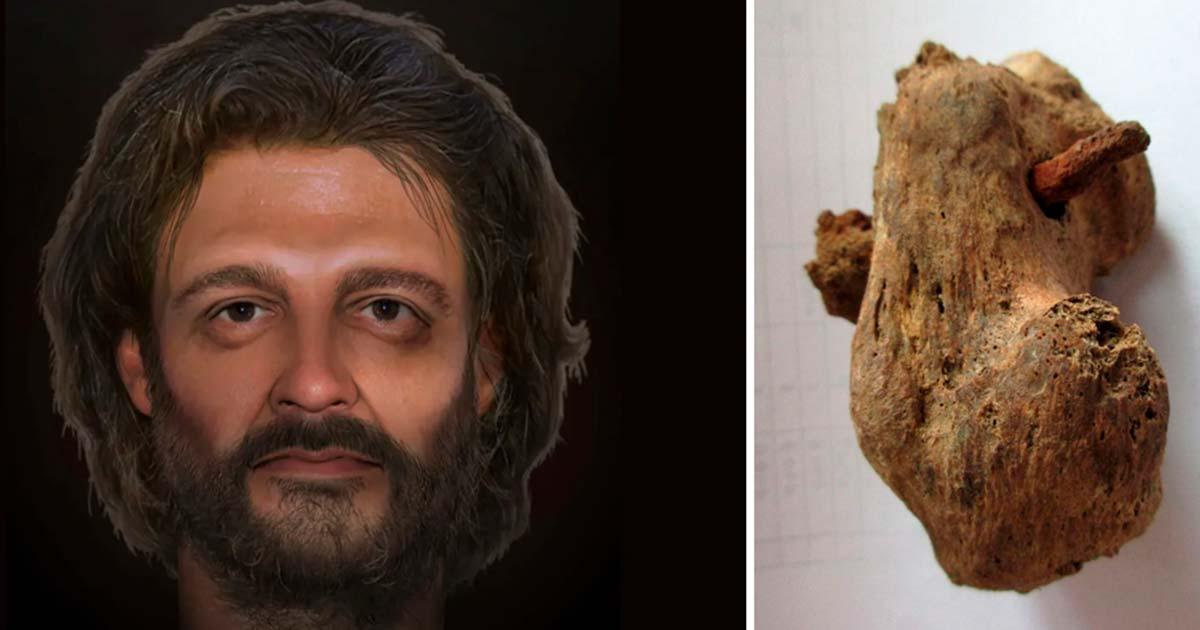 Left; the reconstruction imae of Feb=nsatantion Man. Right; The first evidence of Roman-British crucifixion has been found in Fenstanton, Cambridgeshire, England. The heel of a man found with an iron nail pounded through his heel bone was clear evidence of crucifixion. Source: Left; Impossible Factual/BBC, Right; Albion Archaeology