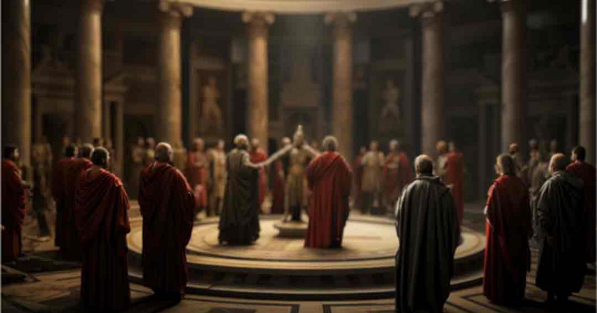 AI image of Roman senators deliberating in the Senate chamber, illustrating the political life of the Roman Republic. Source: Sebastian/Adobe Stock