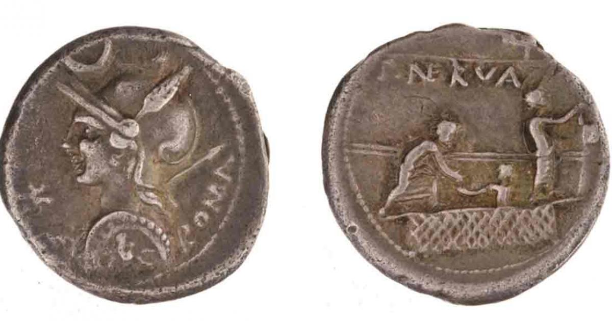 left obverse and right reverse of the silver denarius from Rome, dated 113-112 BC. Source: American Numismatic Society