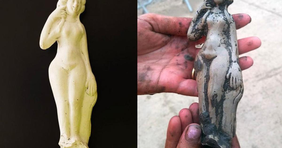 The white pipeclay Roman Venus figurine after cleaning and how it was found. 		Source: GloucestershireLive / Cotswold Archaeology