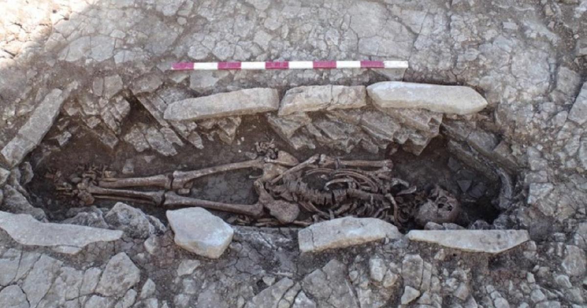 One of the skeletons in the stone coffin structure unearthed at the Roman burial site in Somerset.       Source: Wessex Archaeology