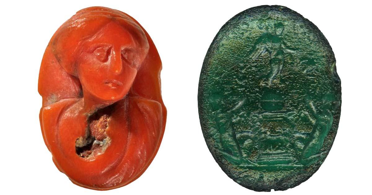 Two of the gems discovered along with thousands of Roman coins in the ancient Roman city of Claterna in Italy. Source: Soprintendenza Bologna