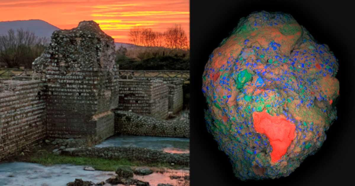 Right; A large-area elemental map of a 2 cm fragment of ancient Roman concrete showing a calcium-rich lime clast (in red), which is responsible for the unique self-healing properties in this ancient material. Left; The archaeological site of Privernum, Italy where the sample was collected. Source: Masic et al./MIT News Office