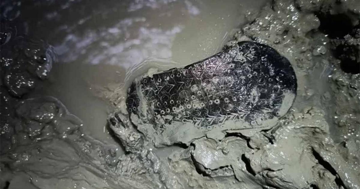 The Roman sandal in situ, discovered in Lugo de Llanera, Asturias.      Source: Esperanza Martin/Astures