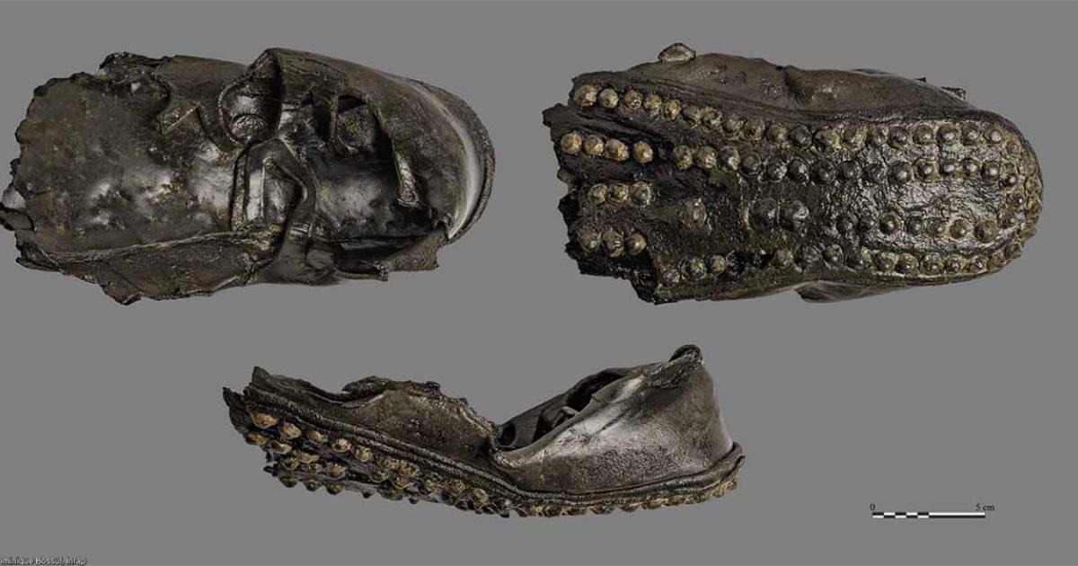 Roman shoes discovered in the canal of the River Lys during the excavation of Thérouanne (Pas-de-Calais) in 2023.      Source: © Dominique Bossut, Inrap