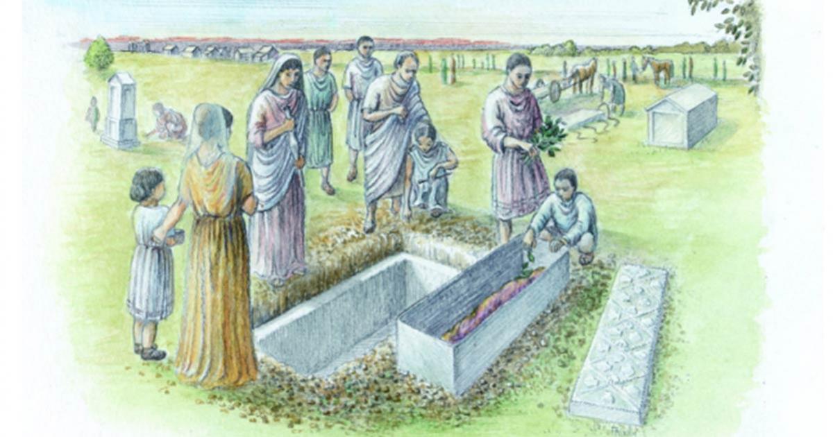 An artist's reconstruction of the burial of the high-status Spitalfields Roman woman. Source: MOLA