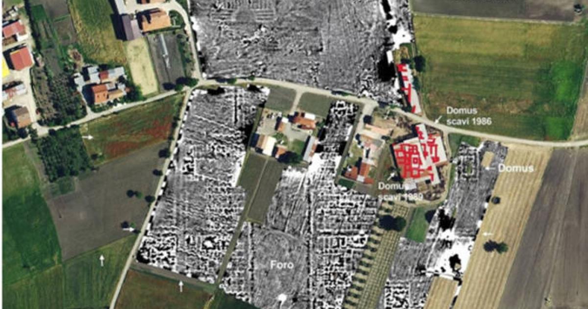 Orthophoto and magnetic survey map showing the newly identified forum and theater structures at Fioccaglia.