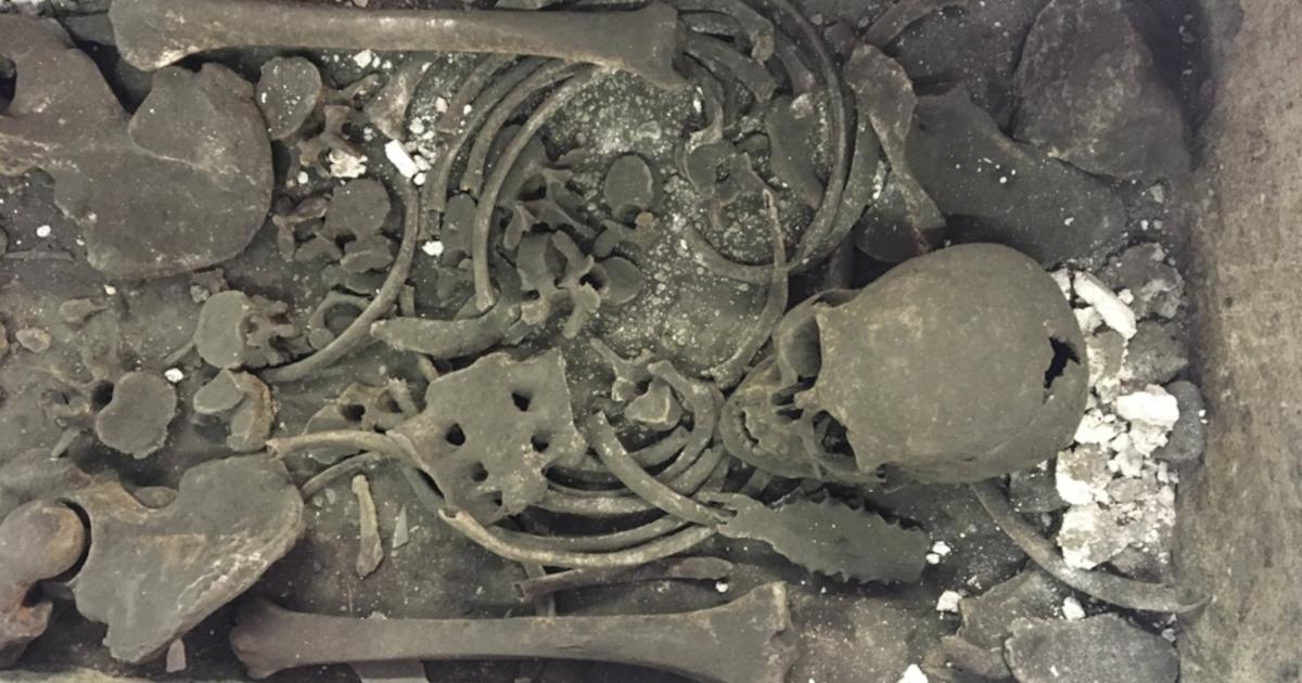 Interior of the Westminster Abbey sarcophagus holding the skeletal remains prior to in situ cleaning.   
