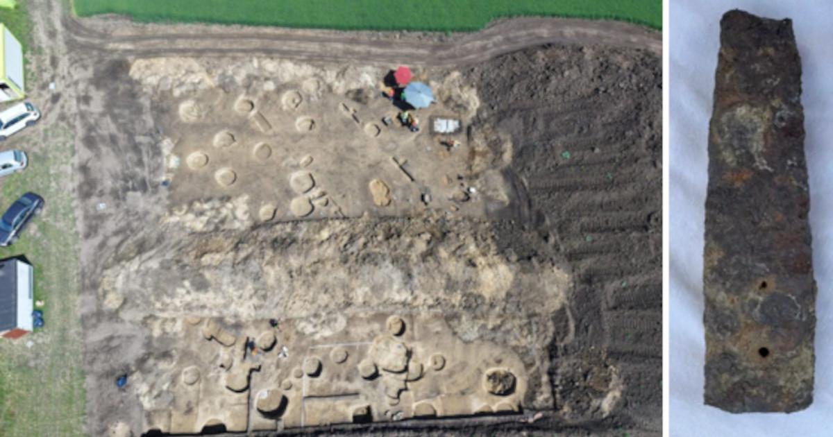 Left; Aerial view of the excavation site along the planned Moravian Gate high-speed railway route, Right; The 2,000-year-old Roman calibration plate.