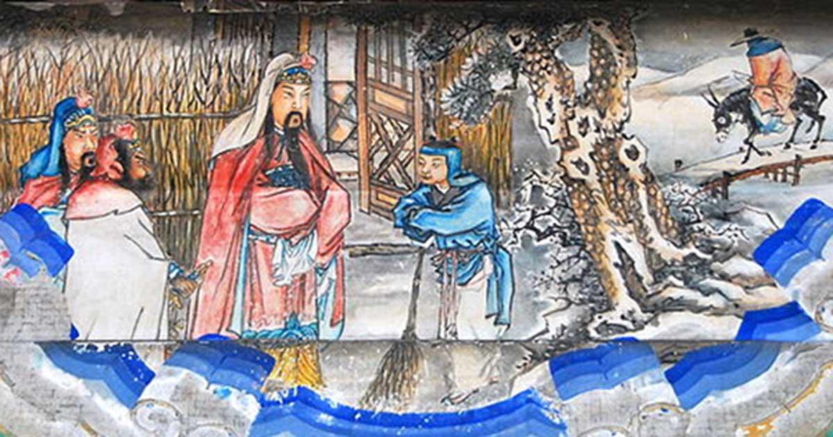 "Three visits to the thatched cottage" (三顧茅廬), the second visit is depicted here. Portrait at the Long Corridor of the Summer Palace, Beijing. This is a scene from the Romance of the Three Kingdoms.