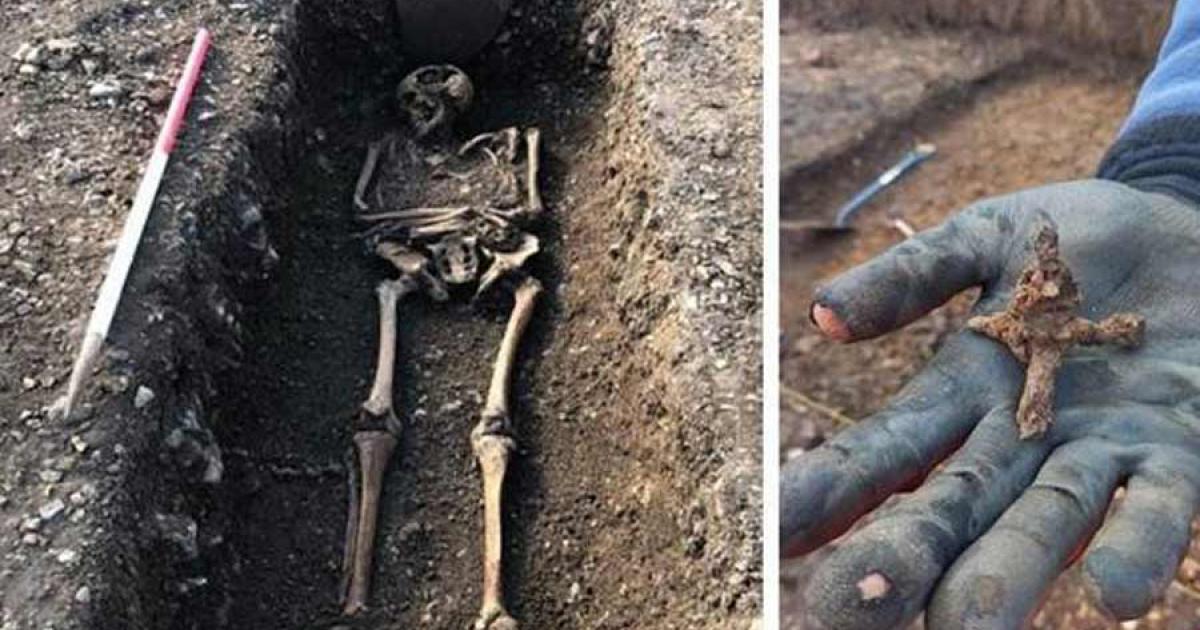 English archaeologists have stumble upon a once-in-a-lifetime Romano-British settlement near Bishop’s Stortford, Hertfordshire. This skeleton and a caltrop, a Roman era area denial weapon, similar to police spikes used to stop cars today, were unearthed at the Grange Paddocks site.		Source: East Herts District Council