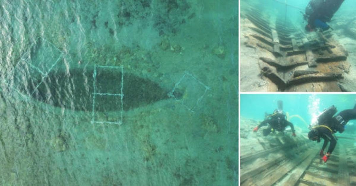 Aerial image of the wreck, and images of marine archaeologists at the wreck.