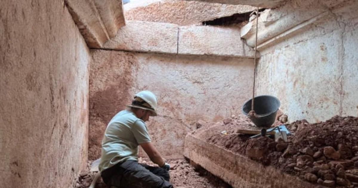 Archaeologists excavating Albania's first monumental Roman tomb.