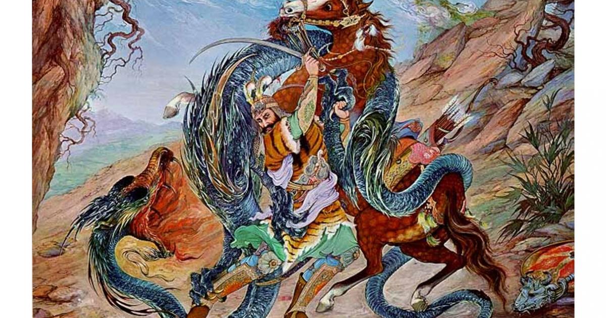 Rostam the hero fighting the Dragon in the Seven Quests of Rostam. Iranian miniature illustration from Shahnameh 