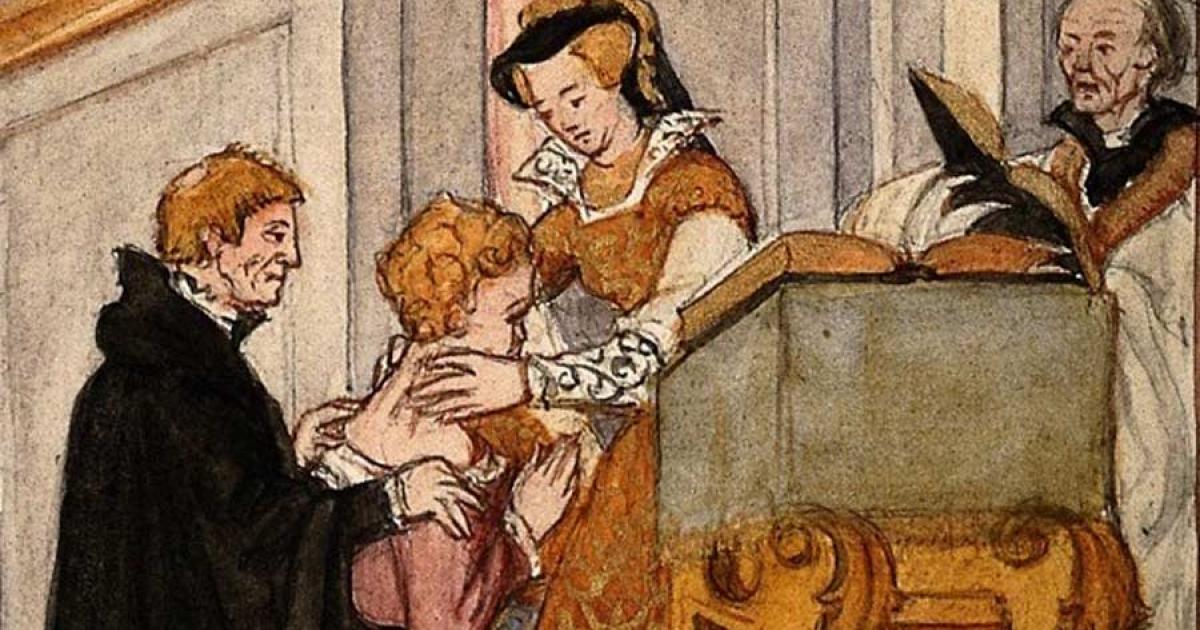 Queen Mary applies the Royal Touch to cure scrofula. Source: M S Lapthorn / Public Domain.