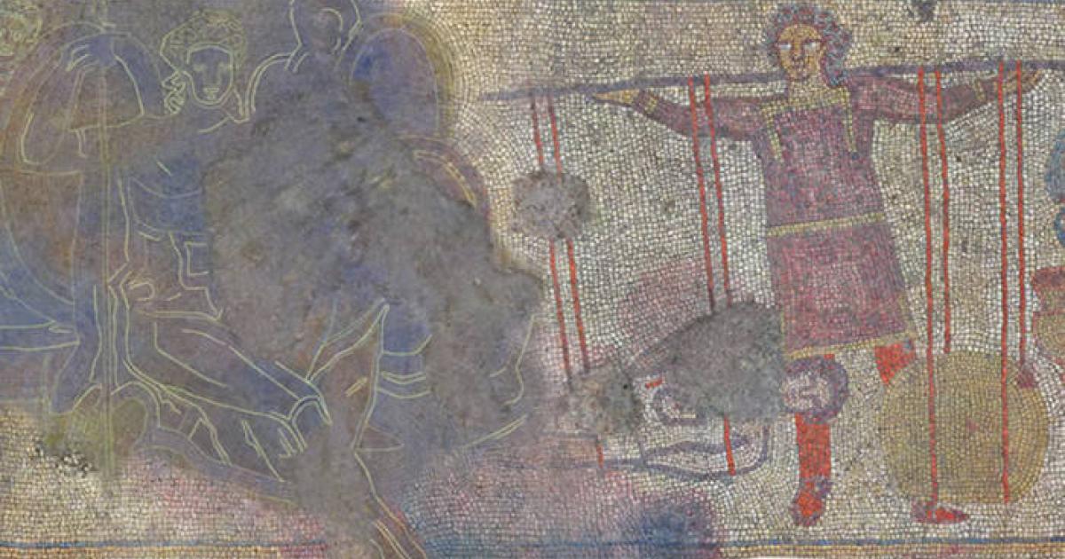 Panel three of the Rutland Mosaic showing King Priam loading scales to match the weight of his son Hector