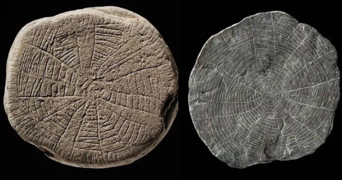 Two sun stones found on the Danish island of Bornholm in the Baltic Sea. The prehistoric artifacts are small, flat, shale pieces with finely incised patterns and sun motifs.