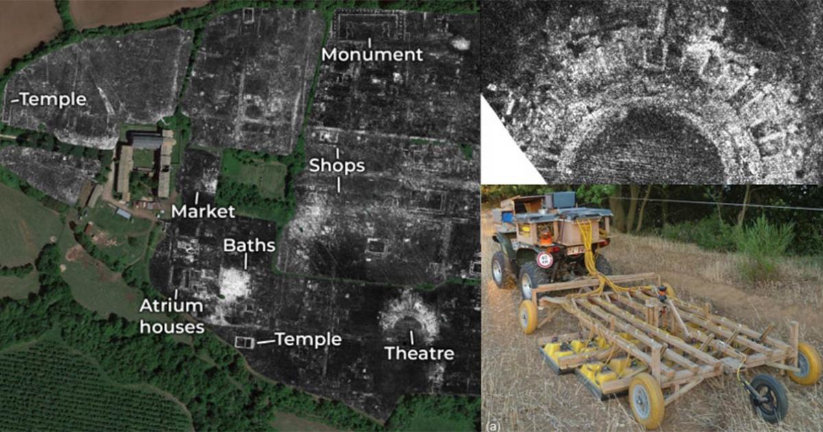 A slice of ground penetrating radar data from Falerii Novi, revealing the outlines of the town’s buildings; Falerii Novi temple; GPR system.            Source: L. Verdonck / Antiquity Publications