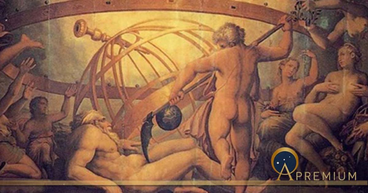 The Mutilation of Uranus by Saturn: fresco by Giorgio Vasari and Cristofano Gherardi. (1560) Sala di Cosimo I, Palazzo Vecchio (Public Domain)