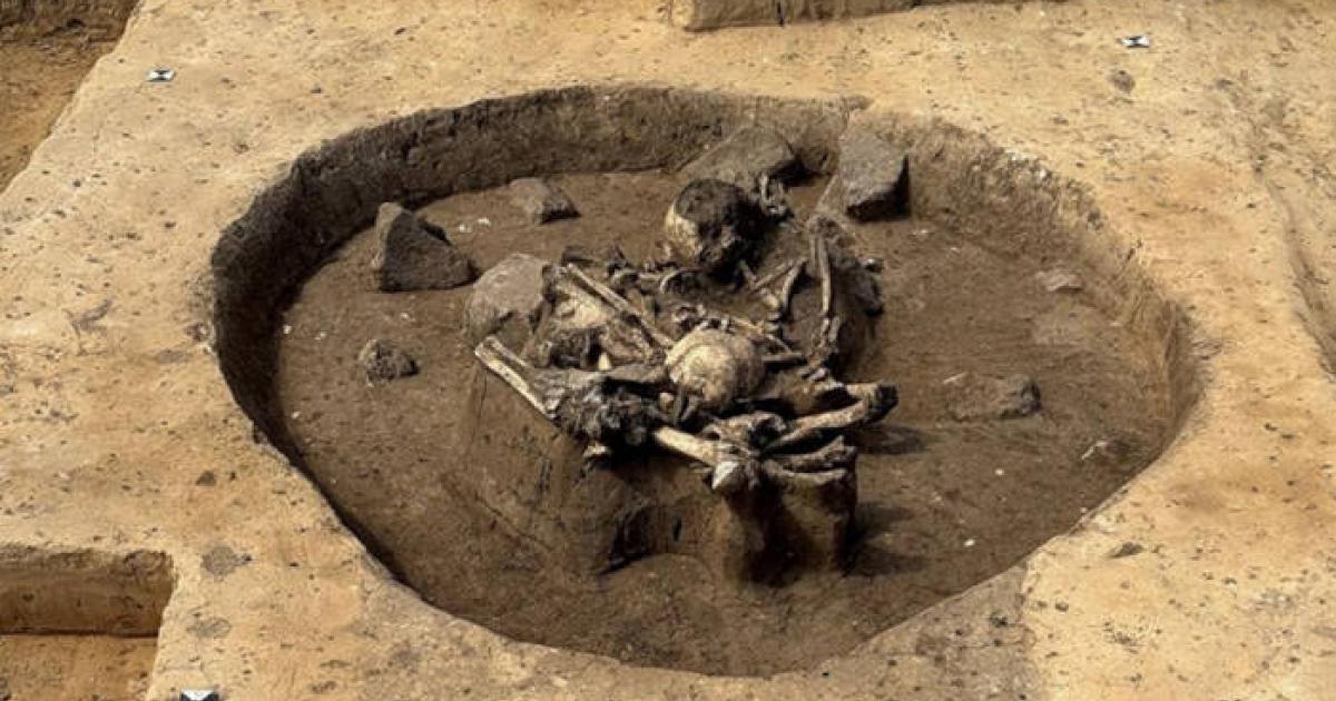 Sacrificial pit of the Salzmünde Culture at Gerstewitz, containing dog bones, a human skull, charred house wall remains, and a horn core.