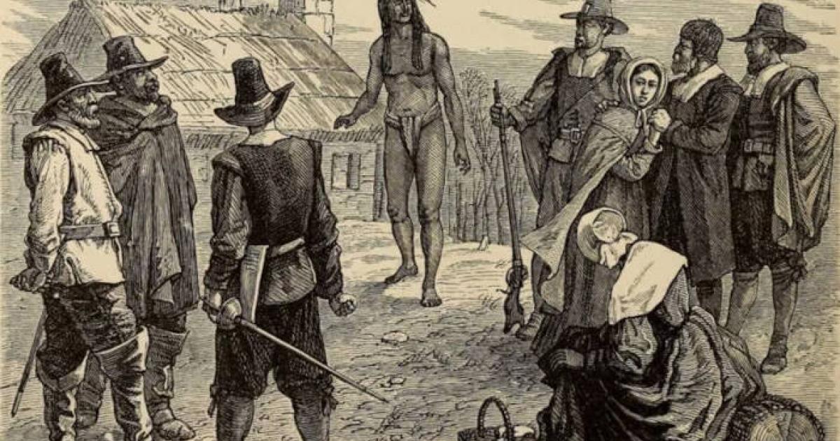 Artistic representation of Samoset's historic first meeting with Plymouth colonists.