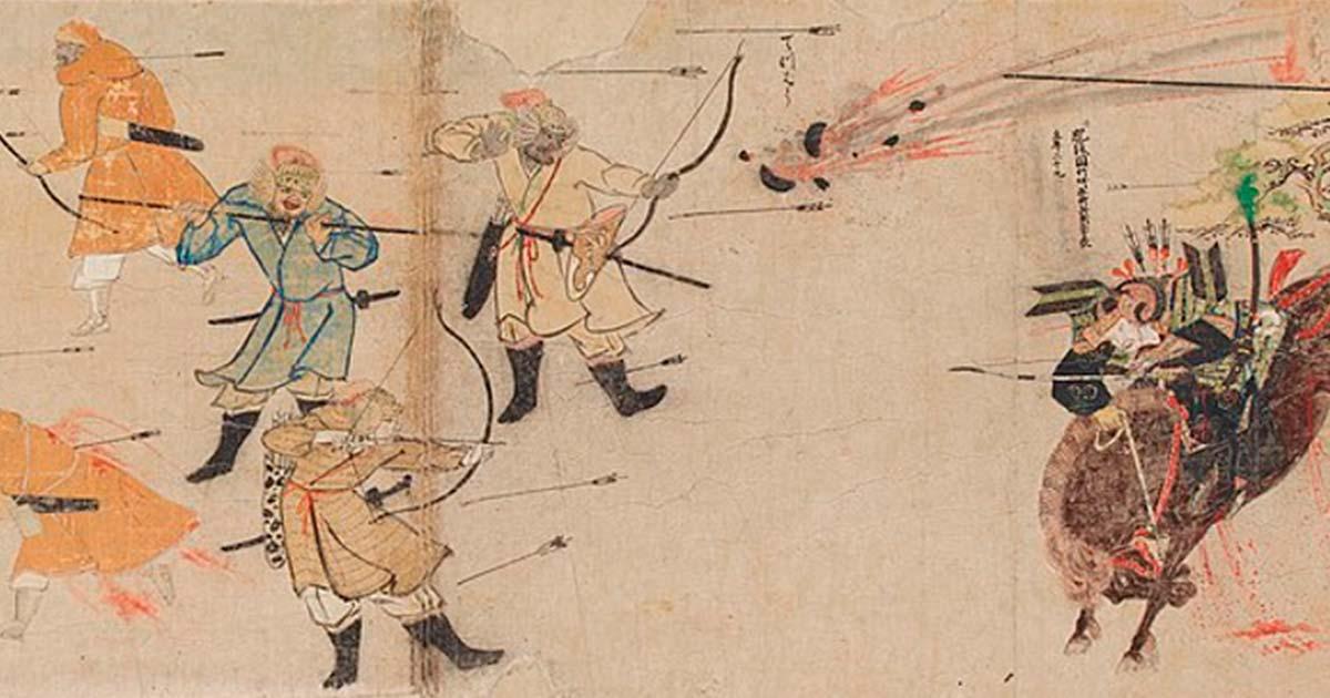 7th drawing from the first roll of the Illustrated Account of the Mongol invasion of Japan. Source: Public Domain