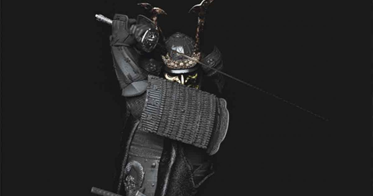 A samurai wearing Japanese armor and holding a katana on dark background. 3D illustration. Source: pictosmith/Adobe Stock