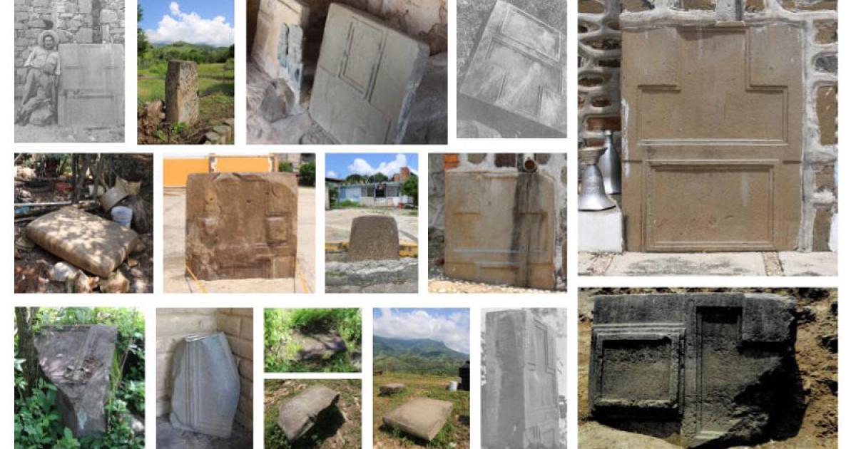 A photo composition of the nearly 14 known megalithic stone slabs from the site of San Miguel Ixtapan. 	Source: Marco M. Vigato