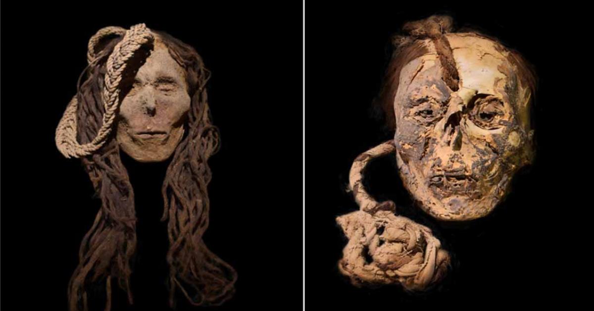 Trophy heads from Nazca, with the child found to have consumed psychoactive drugs.           Source: D. Socha / Journal of Archaeological Science