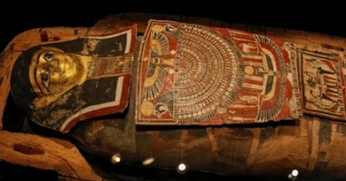 The embellished mummy case containing the remains of the priest Iret-hor-iru 