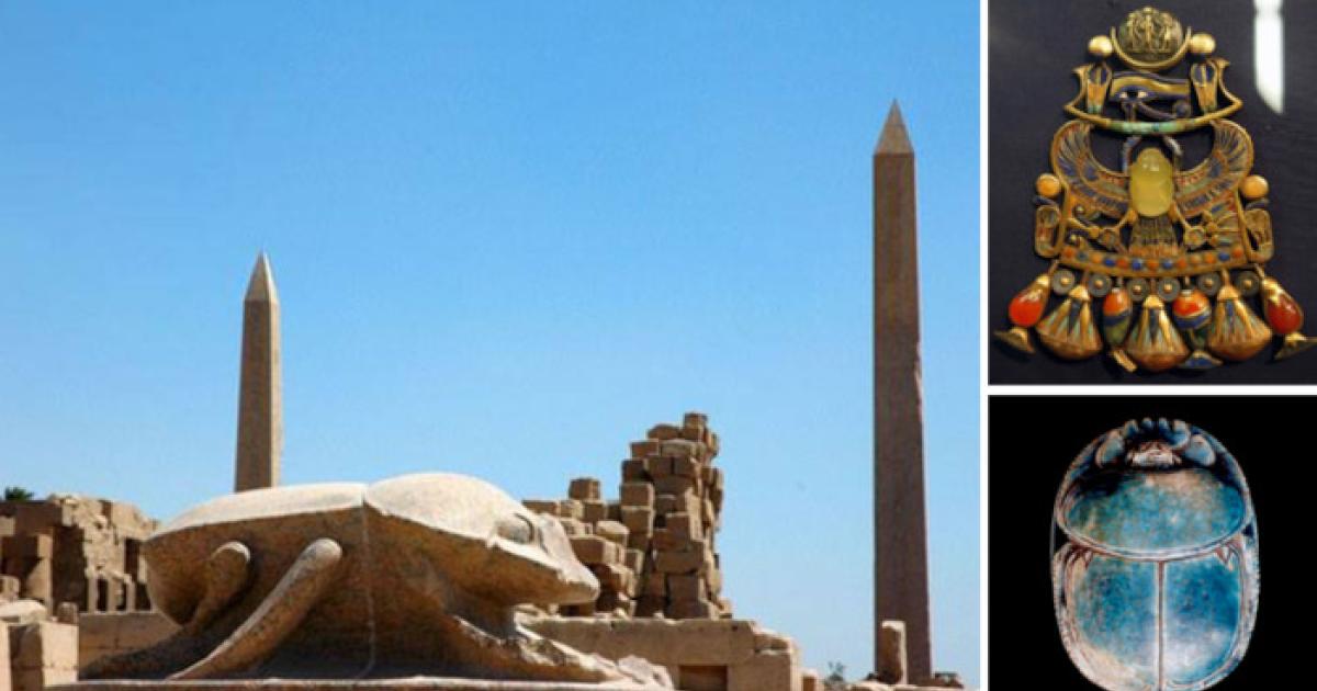 Colossal scarab beetle sculpture at Karnak; Winged scarab of Tutankhamun ;  Steatite lion hunt scarab of Amenhotep III 