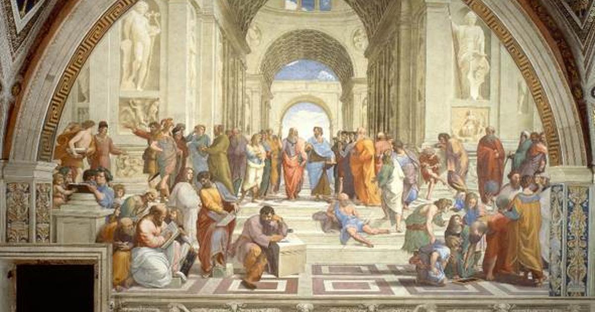 School of Athens, Aristotle depicted in the center of the painting, to the right of Plato