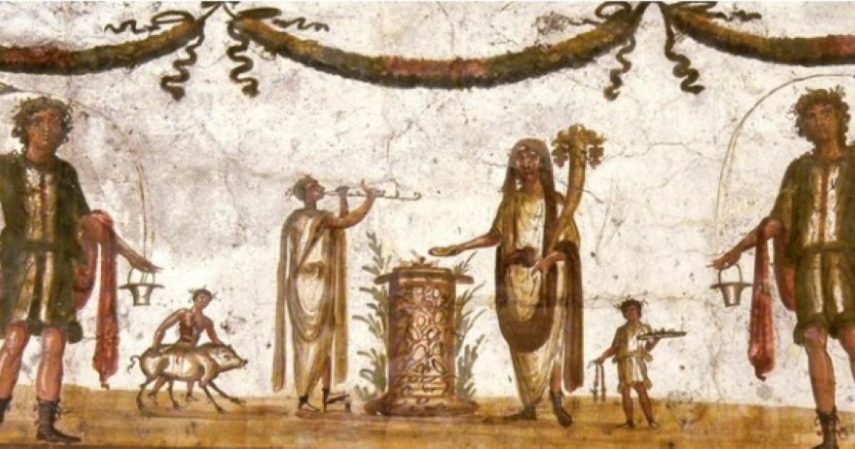 Ritual sacrifice of a pig being carried out in the Roman empire.