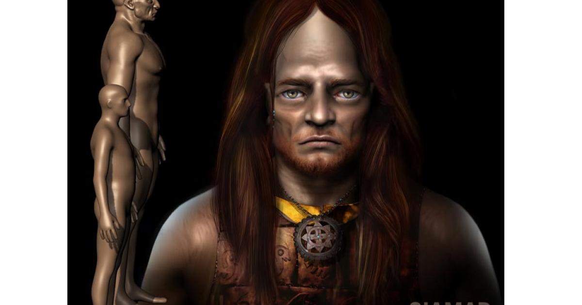 3d Digital Sculpture of Giant with hair, copper breastplate, and gorget. Image courtesy of Marcia K. Moore, Ciamar Studio.