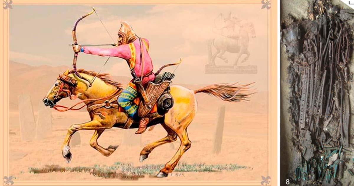Left, Historic illustration of a nomadic Scythian archer; Right, leather items from the study.	Source:  Left, Lunstream / Adobe Stock, Right, Luise Ørsted Brandt et al. /PLoS ONE