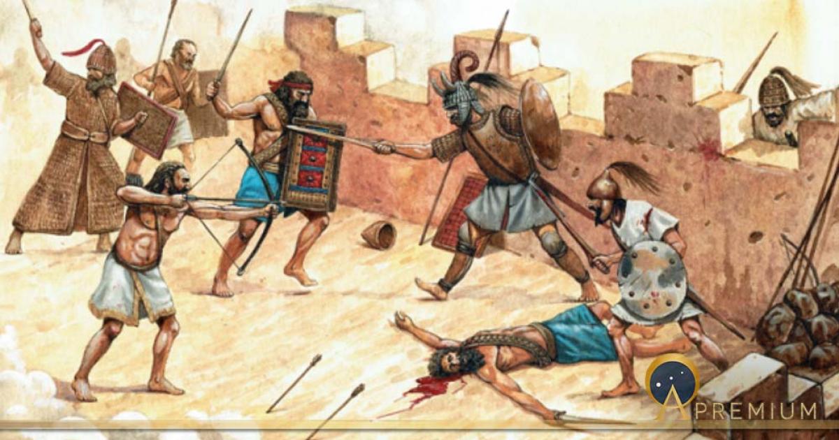 Attack of the Sea Peoples on Syrian fortification. Historical illustration. ( Lunstream / Adobe Stock)