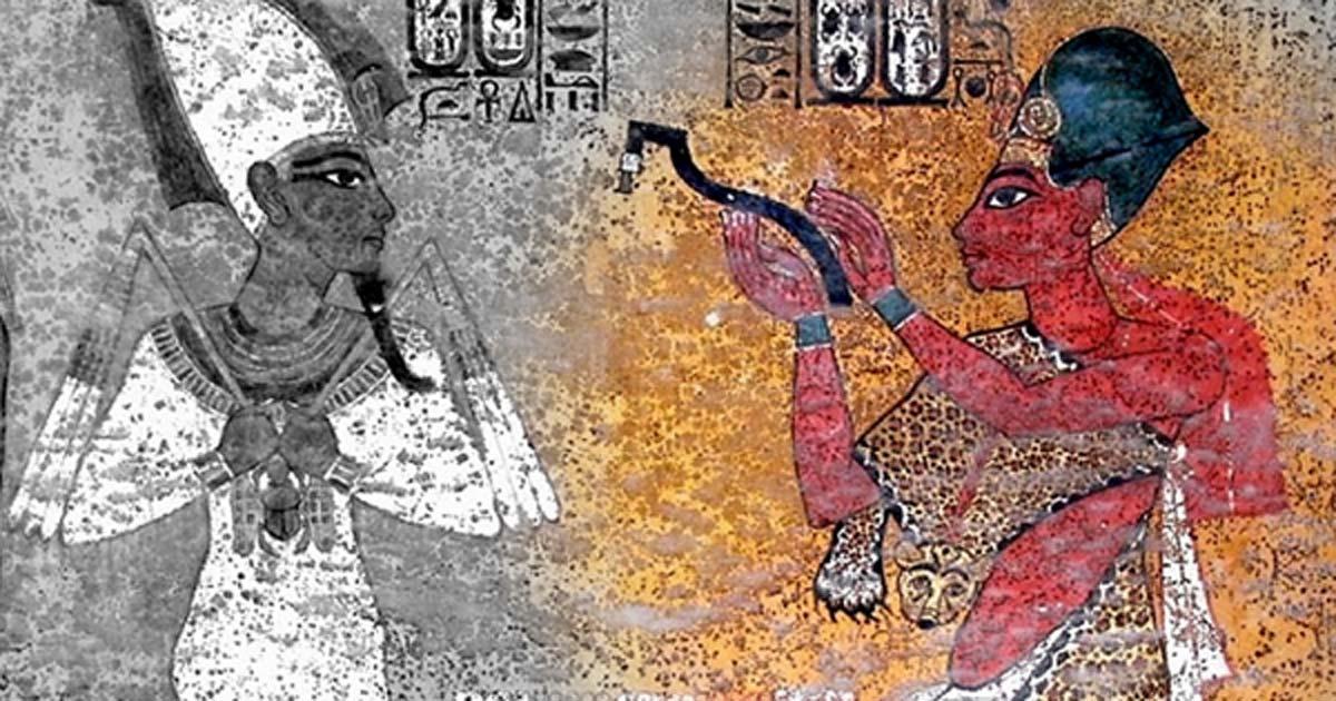 Scene on the north wall in KV62 shows King Aye as sem priest, performing the “Opening of the Mouth” ritual on the mummy of Tutankhamun; design by Anand Balaji 