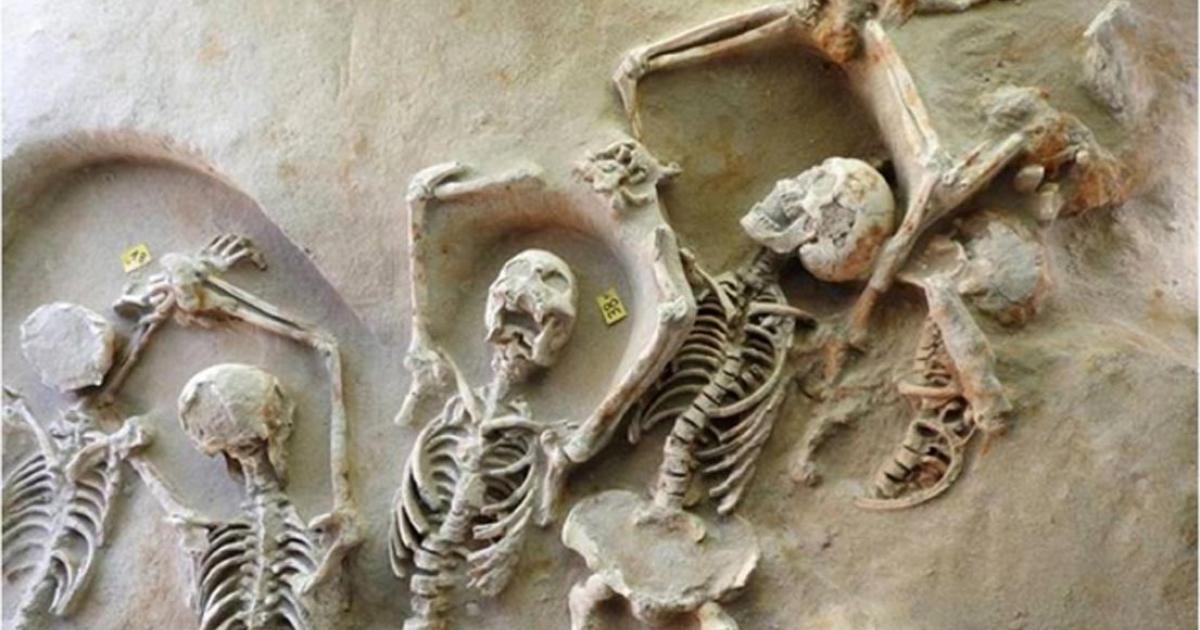 Some of the shackled skeletons found in a mass grave near Athens, Greece