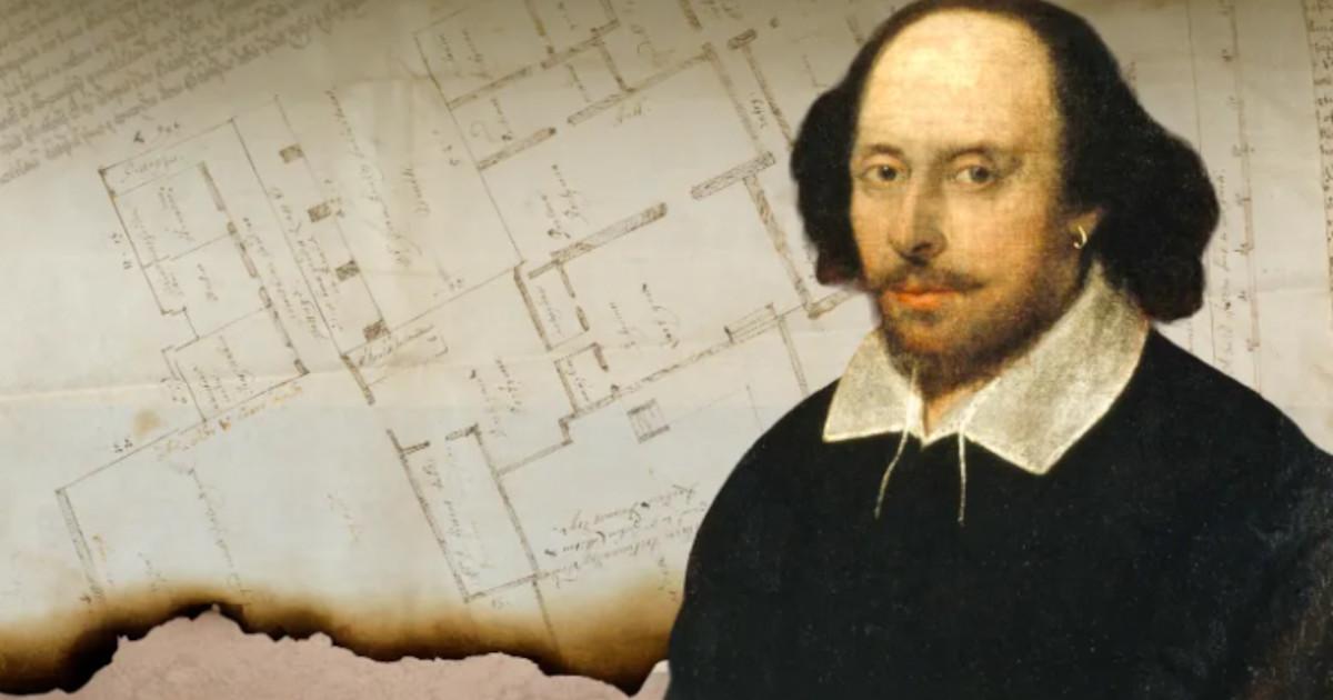 The Chandos portrait of William Shakespeare (attributed to John Taylor, c.1611), overlaid on the 1668 Blackfriars precinct plan