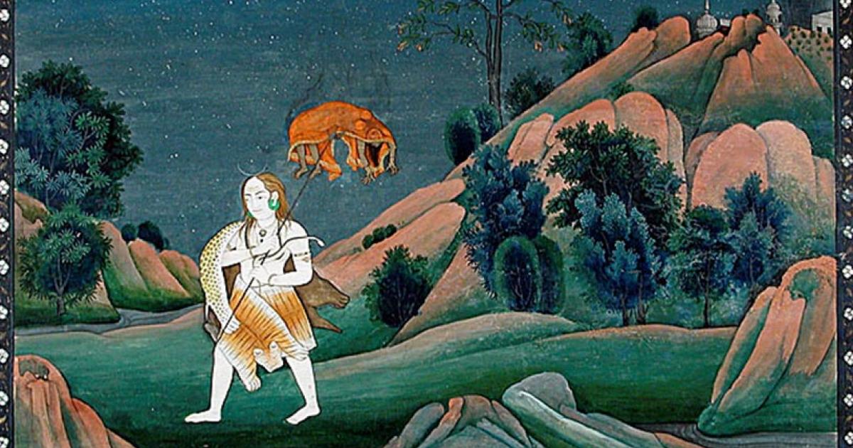 Shiva carrying Sati on his trident. (1800s). 