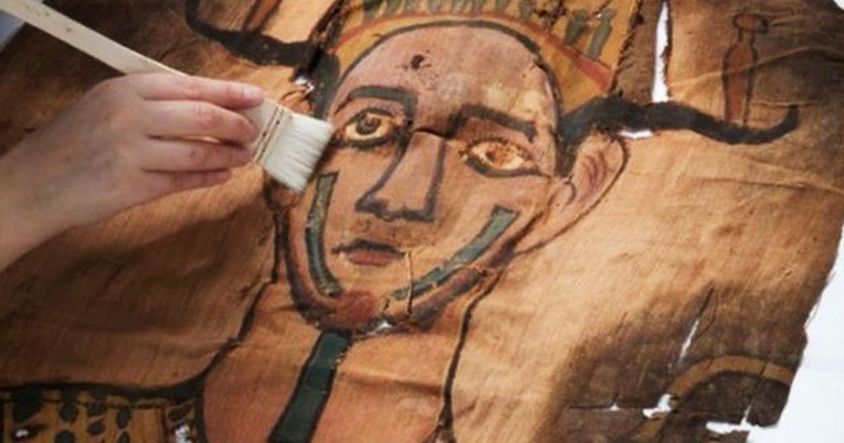 Detail of the face on the mummy shroud from around 9 BC which was recently recovered from a hidden package in the National Museum of Scotland’s collections.