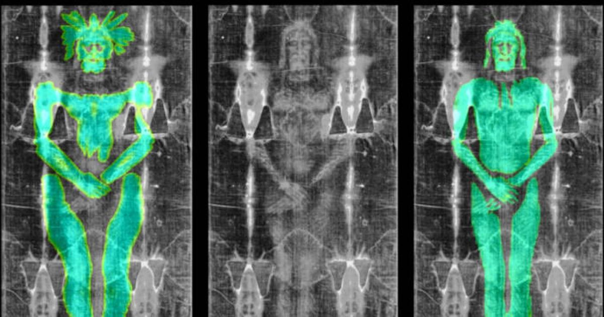 ) Overlay of the texture generated by the 3D model onto the image of the Shroud of Turin, showing misalignment in anatomical proportions