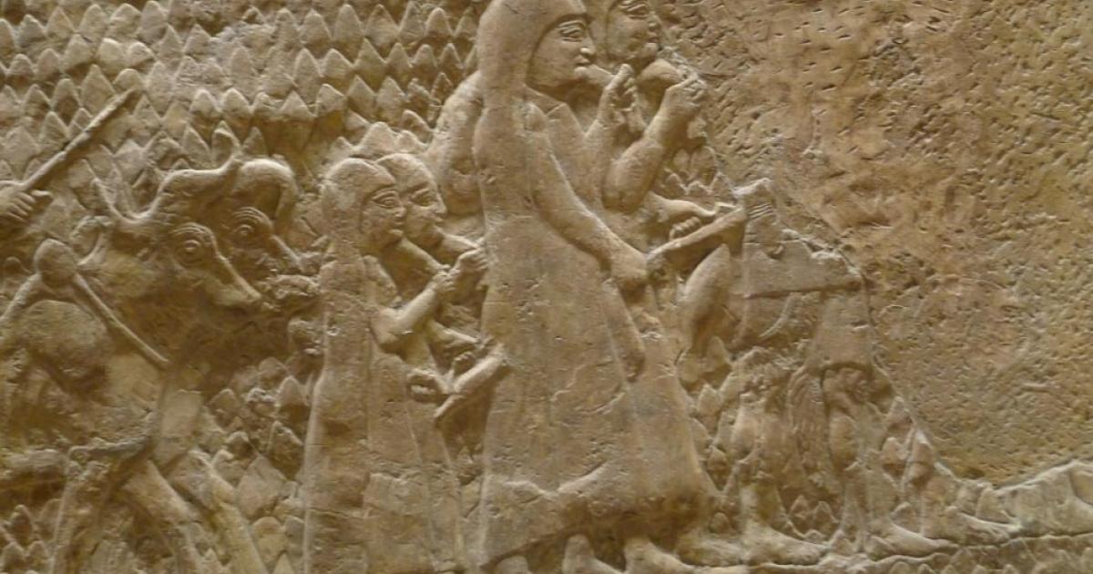 ‘Siege of Lachish’. Credit: The British Museum; photo by C. Reeder. This relief from Sennacherib’s palace in Nineveh celebrates the Assyrian destruction of the Judaean city of Lachish. Women and children, followed by a man driving oxen, flee from the besieged city.