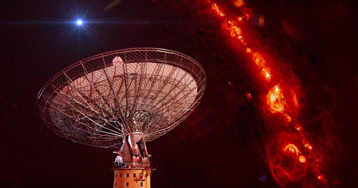 CSIRO's Parkes radio telescope with a representation of an FRB.