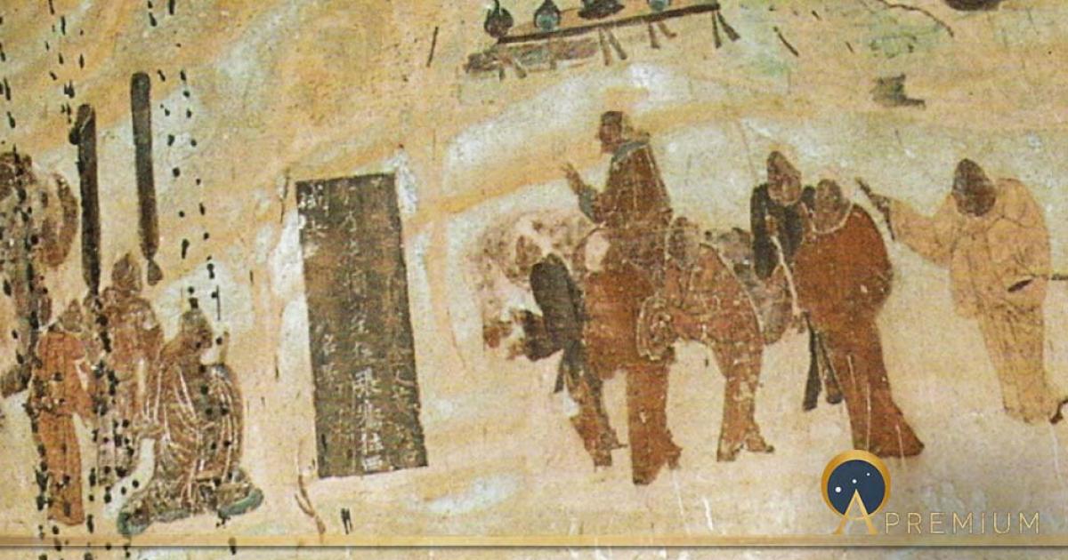 Zhang Qian leaving emperor Han Wudi around 130 BC, for his expedition to Central Asia. Mural in Mogao Caves, high Tang Dynasty (Public Domain)