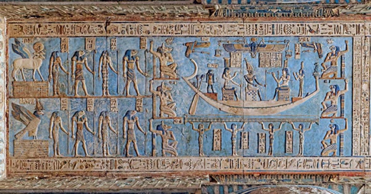 The astronomical ceiling at the Pronaos, Detail of the first Band west from the center. From left to right: two wind creatures (the winged ram with four heads personifies the south wind), the snake- and frog-headed eight goddesses and gods of the Ogdoad who ruled the cosmos before the creation of the world and Osiris seated on a throne sails across the sky as personification of the full moon accompanied by the seated goddesses Nephtys (left) and Isis on the right (Maat stands near the bow of the ship). Siri