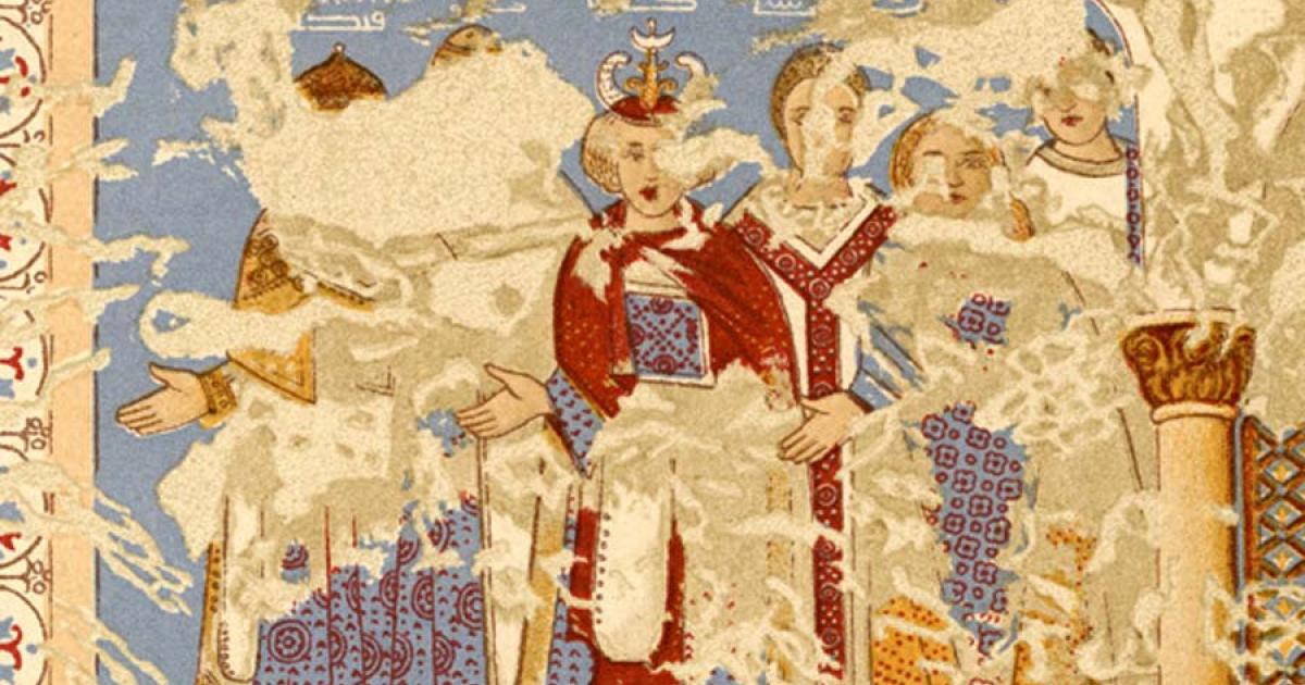 Drawing of the Six Kings of the Earth fresco at Qasr Amra. Source: Public domain