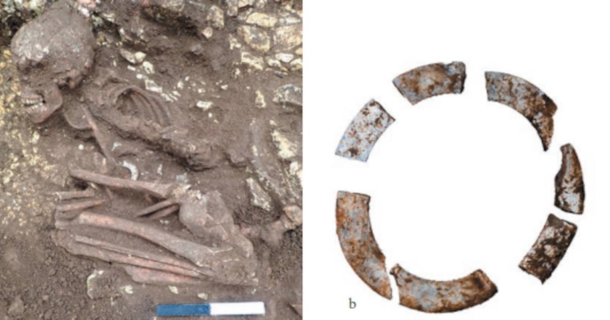 A female burial in a flexed position, adorned with a mother-of-pearl shell bracelet. (Left) The shell bracelet made from mother-of-pearl.